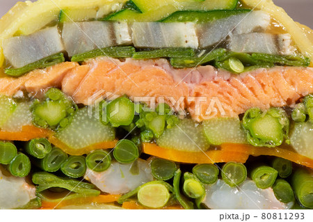 Recipe of marbled vegetables, salmon and langoustines, terrine salmon vegetables and langoustines Recipe of marbled vegetables, salmon and langoustines, terrine salmon vegetables and langoustines 80811293
