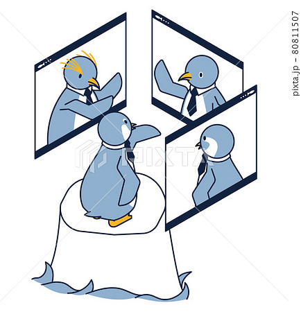 オンラインでグローバルなミーティングをするペンギンのアイソメ オンラインでグローバルなミーティングをするペンギンのアイソメ 80811507