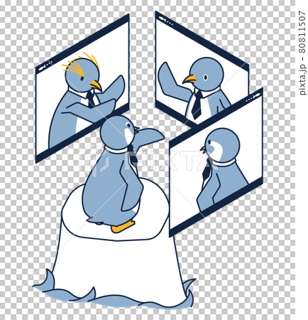 オンラインでグローバルなミーティングをするペンギンのアイソメ オンラインでグローバルなミーティングをするペンギンのアイソメ 80811507