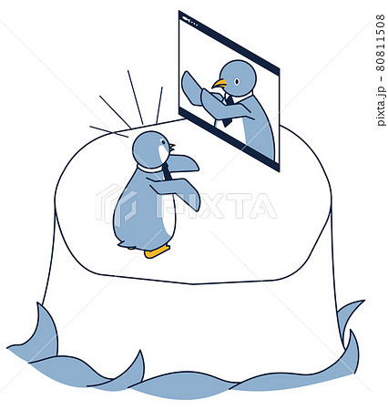 オンラインで打ち合わせをするペンギンのアイソメ 80811508