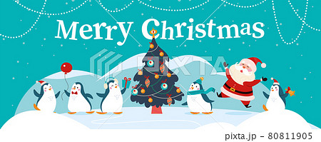 Winter holiday illustration with cute different penguin characters, Santa Claus, decorated xmas fir tree on snowy mountain landscape. Winter holiday illustration with cute different penguin characters, Santa Claus, decorated xmas fir tree on snowy mountain landscape. 80811905