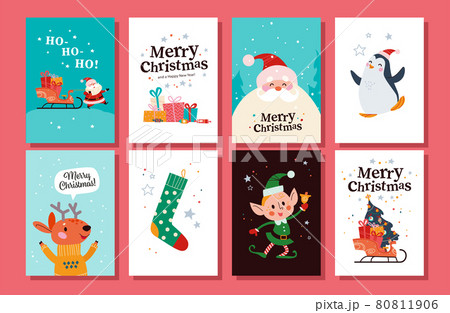 Collection of Merry Christmas congratulation cards with Santa Claus, reindeer, penguin, elf character, xmas stocking, sleigh full of gifts, fir tree. Collection of Merry Christmas congratulation cards with Santa Claus, reindeer, penguin, elf character, xmas stocking, sleigh full of gifts, fir tree. 80811906