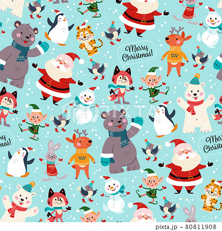 Seamless pattern with funny polar bear, penguin, deer, fox, snowman, Santa Claus, elf characters in hats. For Christmas cards, invitations, packaging paper etc.  80811908