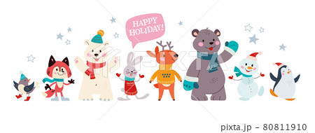 Christmas banner with group of cute winter animals. Polar bear, deer, penguin, fox, rabbit isolated. Christmas banner with group of cute winter animals. Polar bear, deer, penguin, fox, rabbit isolated. 80811910