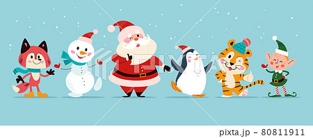 Christmas banner with cute happy winter characters. Santa Claus, elf, snowman, penguin, fox, tiger isolated. Christmas banner with cute happy winter characters. Santa Claus, elf, snowman, penguin, fox, tiger isolated. 80811911