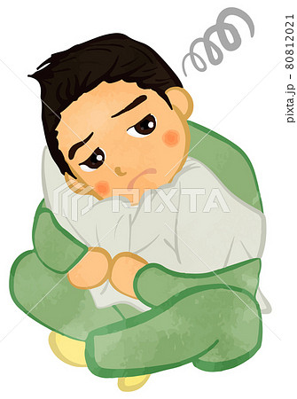 枕にうづくまって具合の悪い男の子 アジア人バージョンのイラスト素材