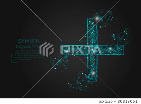 Abstract isolated blue image of a plus or cross sign. Polygonal illustration looks like stars in the blask night sky in spase or flying glass shards. Digital design for website, web, internet. 80813061