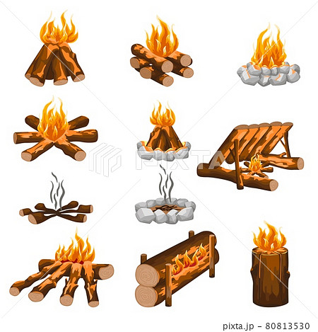 Set campfire isolated in flat style on white background. Different kind campfire hiking, wooden fire, stone fireplace. 80813530