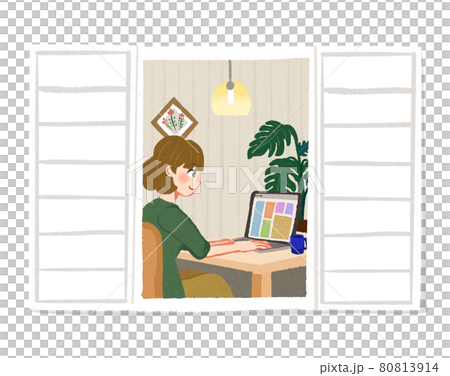イラスト素材:家でパソコンをしている女性 イラスト素材:家でパソコンをしている女性 80813914