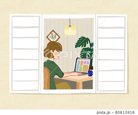 イラスト素材:家でパソコンをしている女性 イラスト素材:家でパソコンをしている女性 80813918
