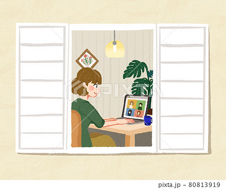 イラスト素材:家でビデオチャットをしている女性 イラスト素材:家でビデオチャットをしている女性 80813919