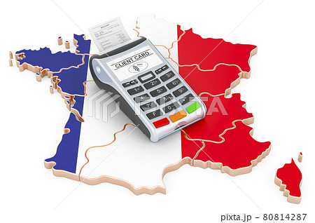 French map with POS terminal. Cashless payments in France concept. 3D rendering French map with POS terminal. Cashless payments in France concept. 3D rendering 80814287