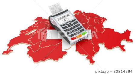Swiss map with POS terminal. Cashless payments in Switzerland concept. 3D rendering 80814294