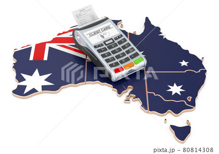 Australian map with POS terminal. Cashless payments in Australia concept. 3D rendering Australian map with POS terminal. Cashless payments in Australia concept. 3D rendering 80814308