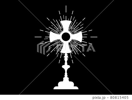 Monstrance. Ostensorium used in Roman Catholic, Old Catholic and Anglican ceremony traditions. Benediction of the Blessed Sacrament is used to displayed to Eucharistic host. Vector isolated on black Monstrance. Ostensorium used in Roman Catholic, Old Catholic and Anglican ceremony traditions. Benediction of the Blessed Sacrament is used to displayed to Eucharistic host. Vector isolated on black 80815405