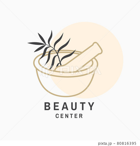Beauty center with flowers, mortar and pestle for logo, label, badge, sign, emblem. For cosmetics, jewellery, beauty and handmade products, tattoo studios. Linear trendy style. Vector illustration. Beauty center with flowers, mortar and pestle for logo, label, badge, sign, emblem. For cosmetics, jewellery, beauty and handmade products, tattoo studios. Linear trendy style. Vector illustration. 80816395