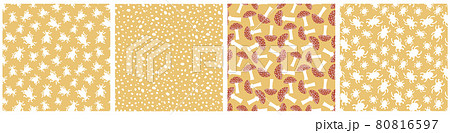 Group of four autumn seamless patterns. Vector bugs, insects, mushrooms and abstract elements in yellow red white colors 80816597