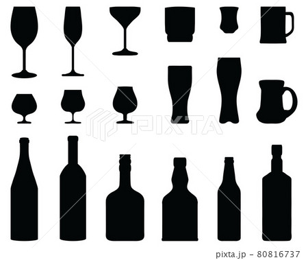 Black silhouettes of glasses and bottles on a white background Black silhouettes of glasses and bottles on a white background 80816737