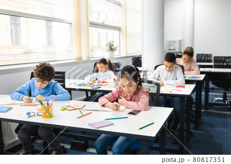Portrait of diverse schoolchildren sitting in classroom and writing 80817351