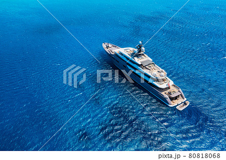 Aerial view of the ship from drone. Blue clear water in the Mediterranean Sea. 80818068