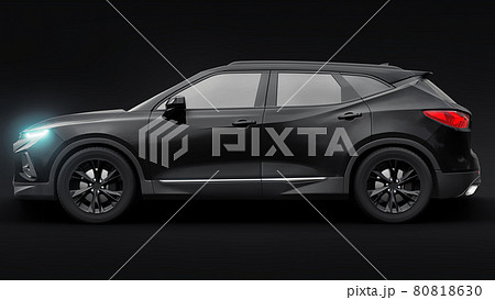 A black ultra-modern SUV with a catchy expressive design for young people and families on a black isolated background. Bright glowing headlights. 3d illustration. 80818630