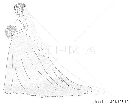 横向きの花嫁の線画 ウエディングドレス 全身 のイラスト素材