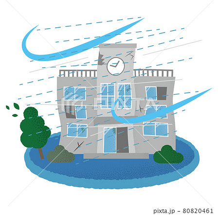台風の被害に遭う学校のベクターイラストのイラスト素材