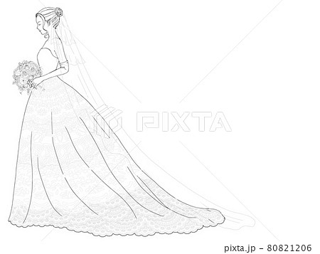 目を閉じた 横向きの花嫁の線画 ウエディングドレス 全身 のイラスト素材 8016