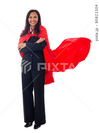 superhero and leader concept-full length portrait of cheerful asian businesswoman with red hero cape standing with folded arms, isolated on white background superhero and leader concept-full length portrait of cheerful asian businesswoman with red hero cape standing with folded arms, isolated on white background 80821304