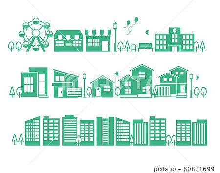 シンプルでかわいい街並みのベクターイラスト素材 家 住まい シルエットのイラスト素材