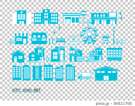 シンプルでかわいい街並みのアイコンセット／ベクターイラスト素材／まとめ／病院／学校 80821700