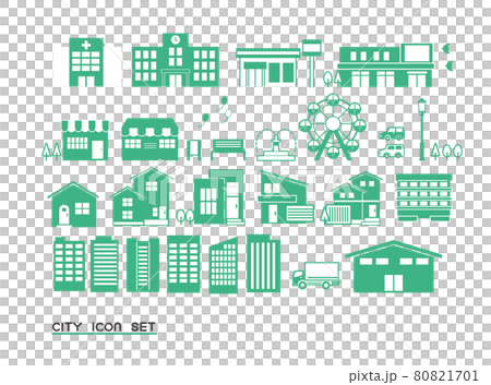 シンプルでかわいい街並みのアイコンセット／ベクターイラスト素材／まとめ／病院／学校 80821701