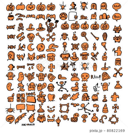orange halloween icon set hand drawn with black lines isolated on white background illustration vector 80822169