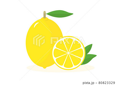 フレッシュなかわいいレモンとその断面 葉付きのまるごとレモンと半分にカット スライスしたの実のセットのイラスト素材