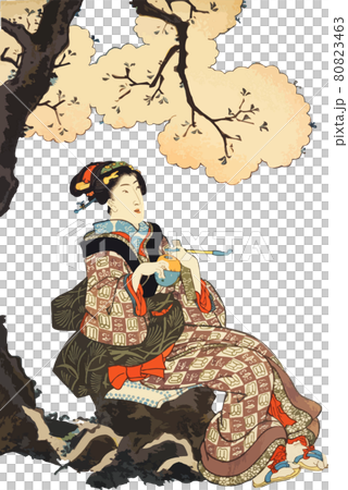 A woman taking a break under the cherry blossoms in full bloom 80823463