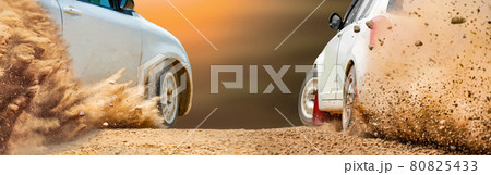 Rally race car drifting on dirt track. 80825433