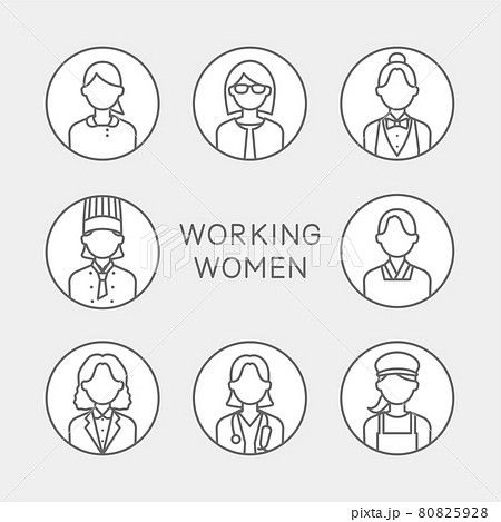 シンプルな線画で描かれた 働く女性のアイコンセットのイラスト素材
