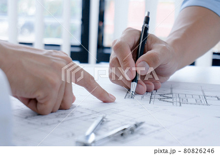 Colleagues interior designer Corporate Achievement Planning Design on blueprint Teamwork Concept with compasse. Colleagues interior designer Corporate Achievement Planning Design on blueprint Teamwork Concept with compasse. 80826246