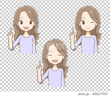 A woman with long hair explaining by pointing her finger, smiling, winking (upper body) 80827450
