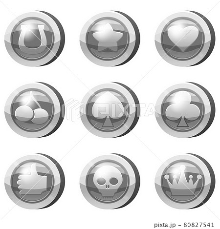 Set of Silver Coins for game apps. Silver icons star, heart, card suits, crown, cherry, symbols game UI, gaming gambling. Vector illustration 80827541