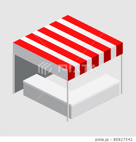 Isometric market stall, tent. Street awning canopy kiosk, counter, white red strings for fair, street food, market, grocery goods. Vector isolated 80827542