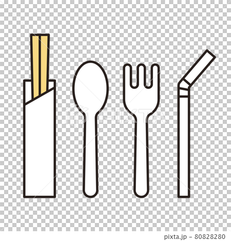 シンプル　イラスト　割り箸、スプーン、フォーク、ストローのベクターイラスト 80828280