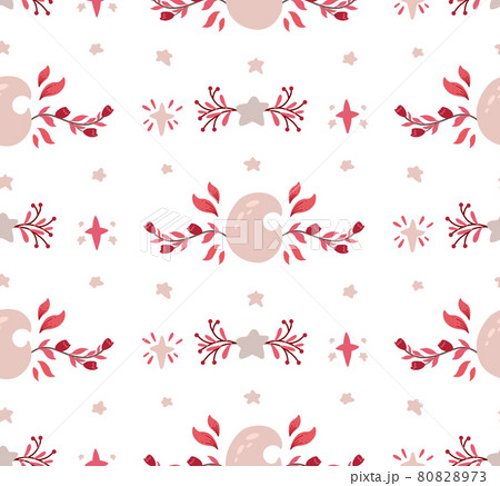 Delicate baby seamless pattern with a crescent moon, foliage, flowers and stars on white background. Delicate mystical texture with natural wreaths. 80828973