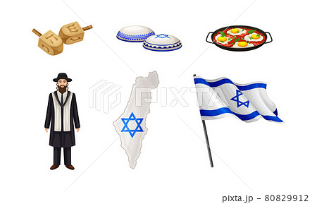 Israeli or Jewish Attributes with Dreidel and Flag on Pole Vector Set 80829912
