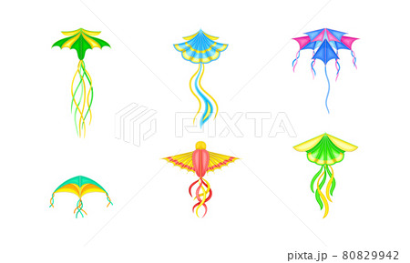 Colorful Kite as Tethered Craft with Wing Surfaces and Tail Vector Set 80829942