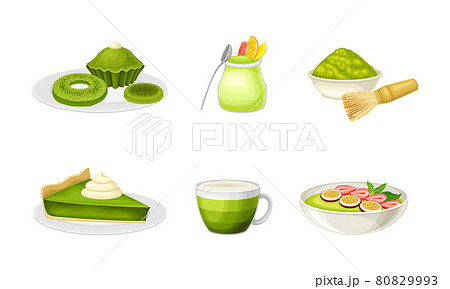 Green Matcha Desserts with Cheesecake and Yoghurt Vector Set 80829993
