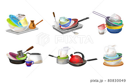 Piles of Dirty Dishes and Utensils with Plates and Cups Vector Set Piles of Dirty Dishes and Utensils with Plates and Cups Vector Set 80830049