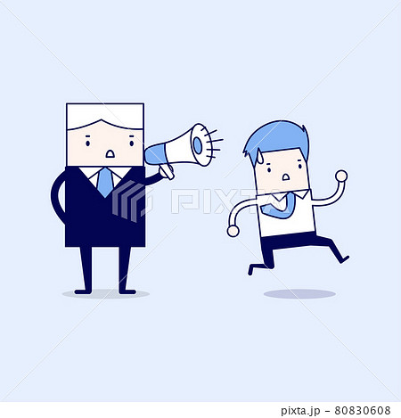 Boss commanding officers into a megaphone. Cartoon character thin line style vector. 80830608