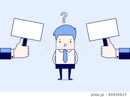 Businessman confused about two choices. Cartoon character thin line style vector. 80830625