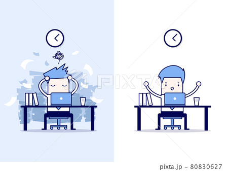 Businessman finish working and busy businessman unfinished work. Cartoon character thin line style vector. 80830627